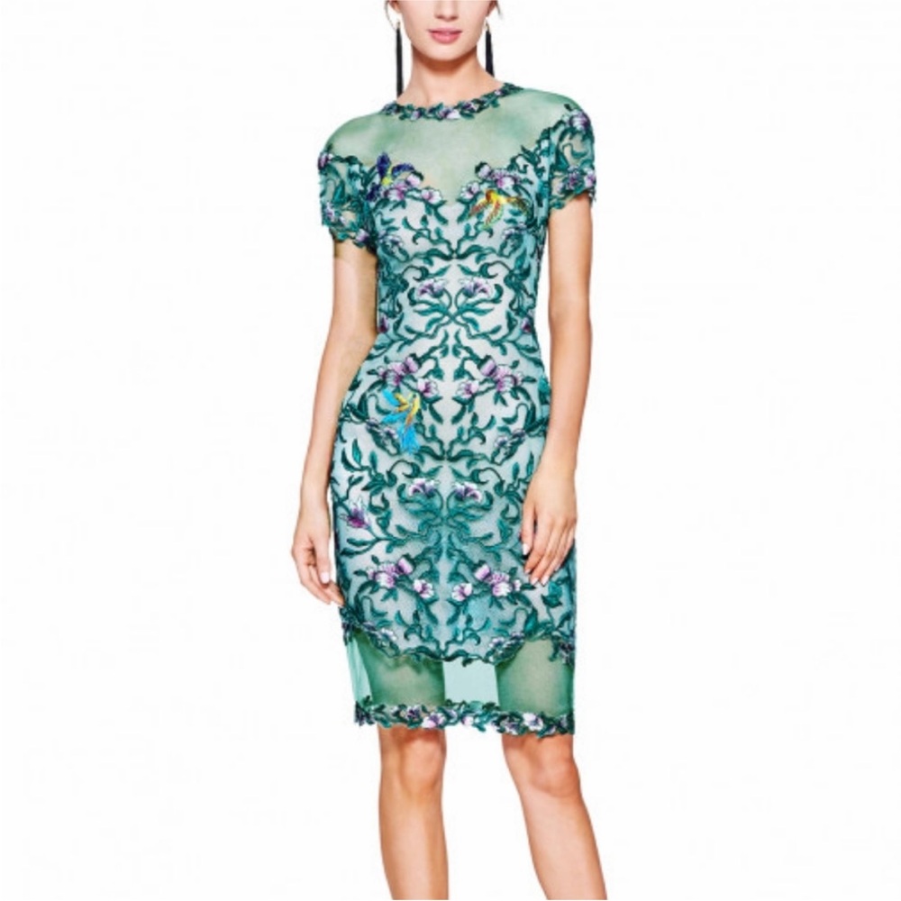 Tadashi Shoji Verena Elegant Green Floral Embroidered Dress